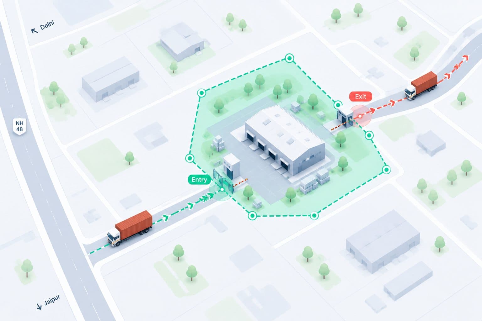 Trucks marked as entering and exiting a geofenced depot.