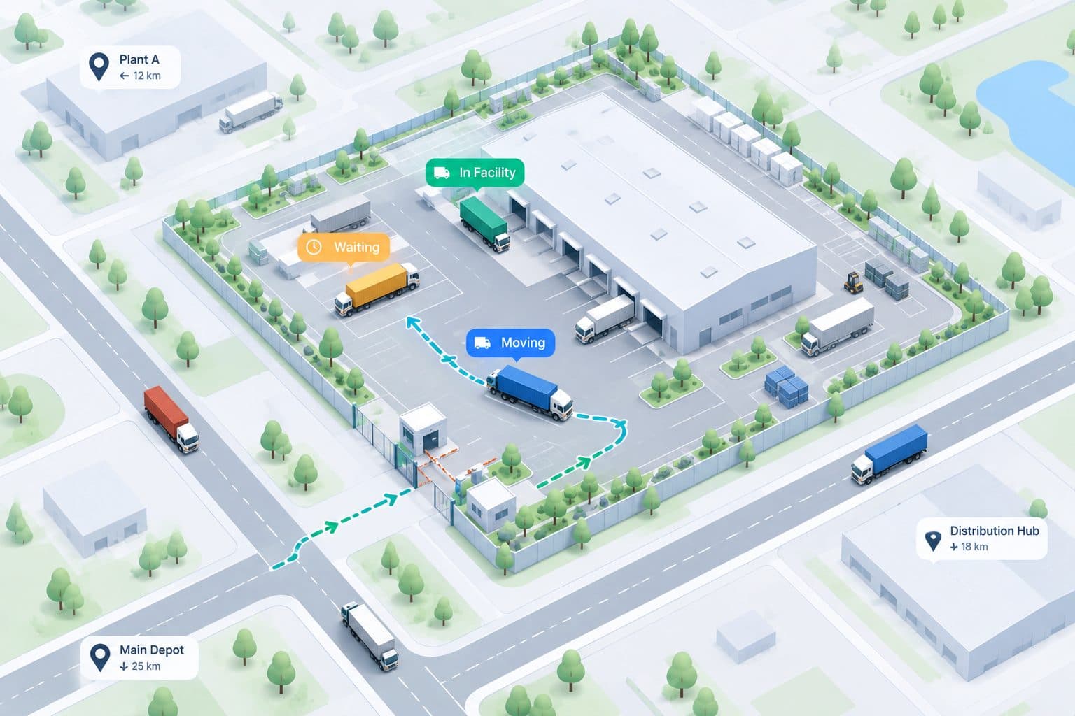 A distribution hub with trucks labelled in facility, waiting and moving.