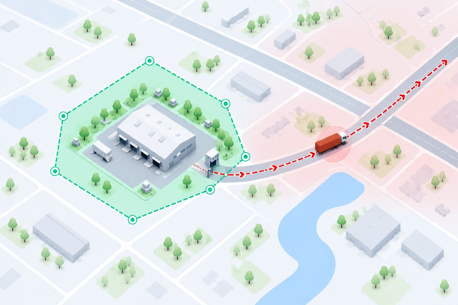 A truck leaving its geofence, its route flagged in red.