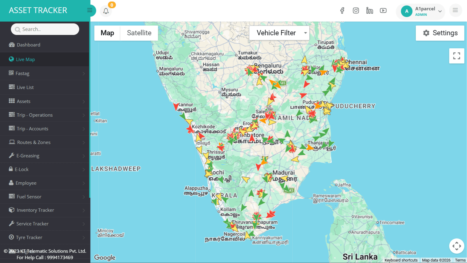 Asset Tracker live map showing vehicle positions across South India.