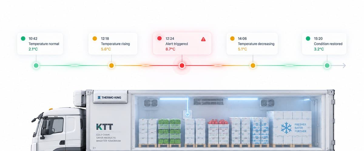 A timeline of temperature events above a refrigerated truck, from normal to alert to restored.