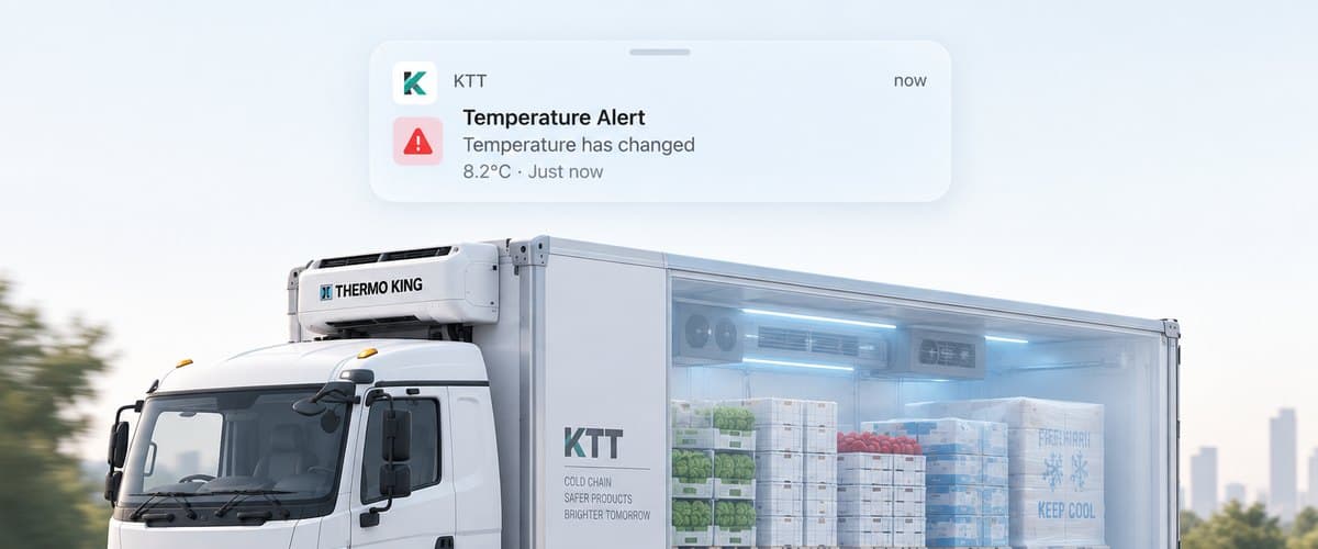A refrigerated truck under a phone notification: temperature alert, temperature has changed.