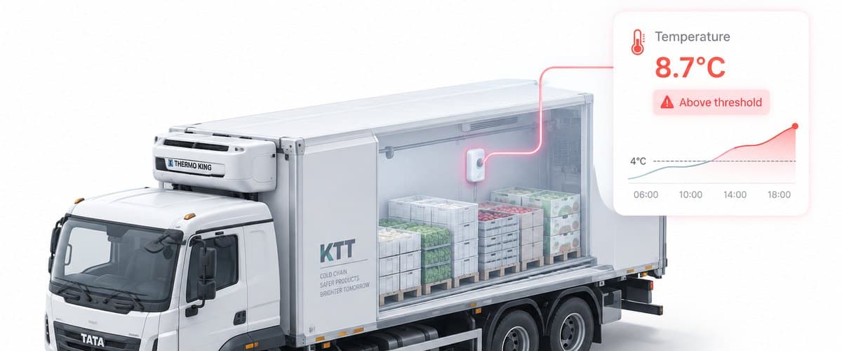 A refrigerated truck with a temperature card reading 8.7°C, above threshold.