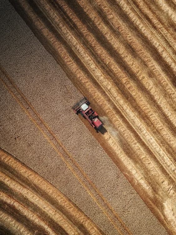 A tractor working a ploughed field, seen from above