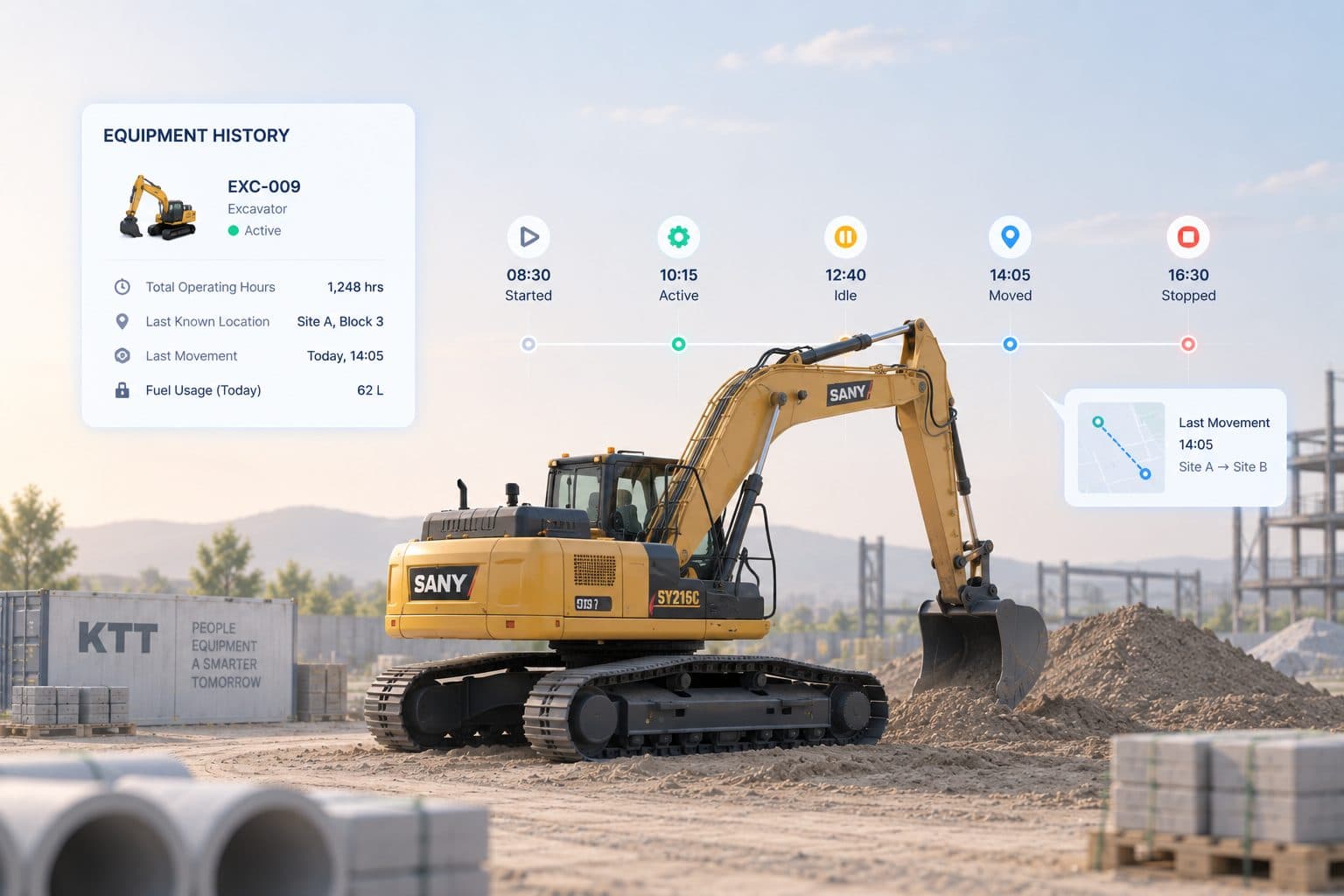 An excavator under a timeline of its started, active, idle, moved and stopped events.