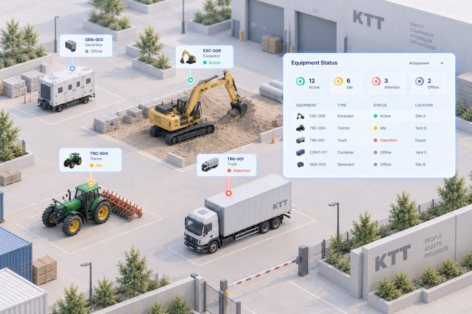 A worksite of tagged machines beside an equipment status table.