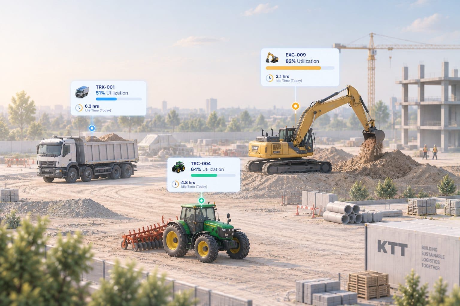 A construction site with an excavator, dump truck and tractor showing utilization levels.