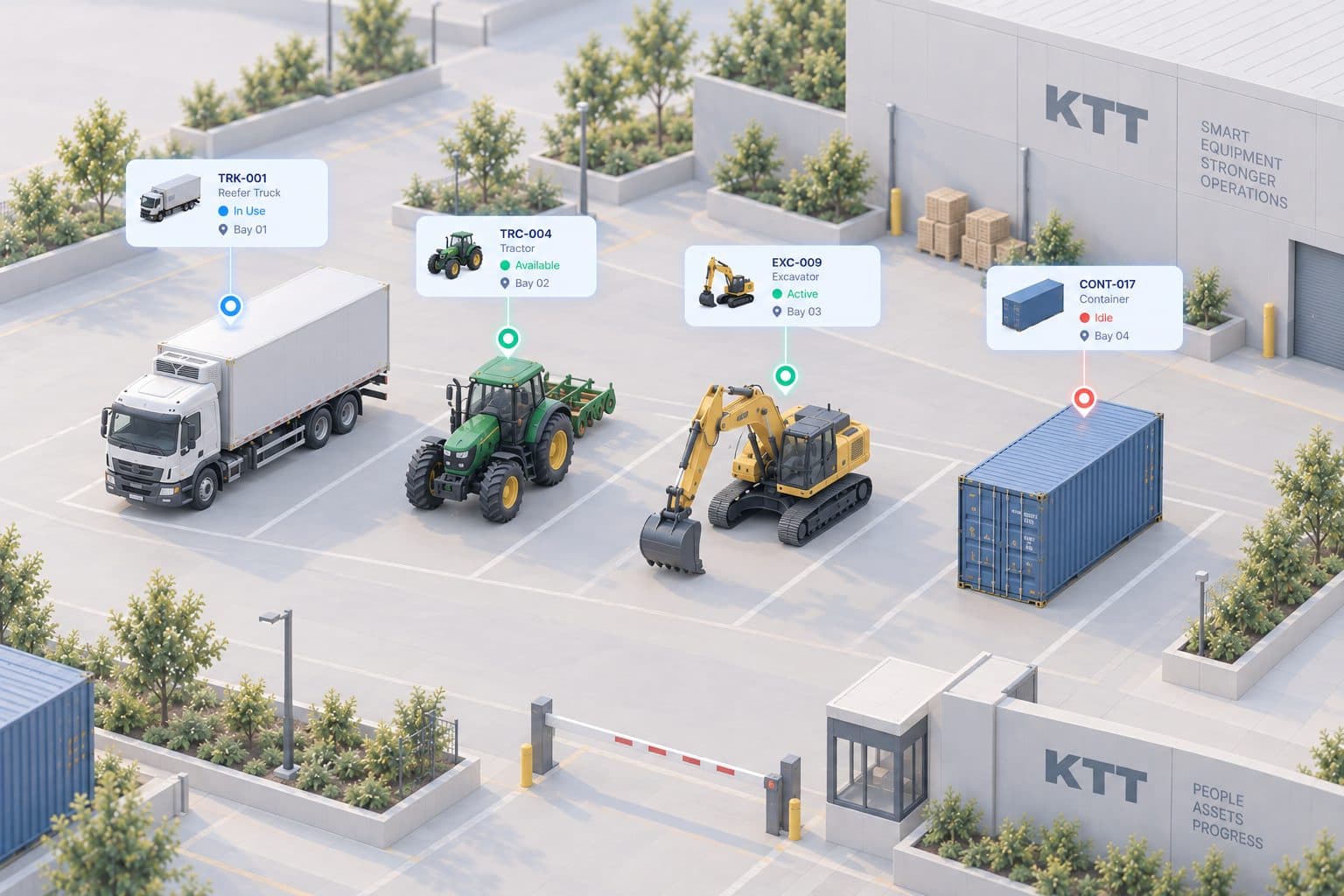 A truck, tractor, excavator and container in a depot, each tagged with its status.
