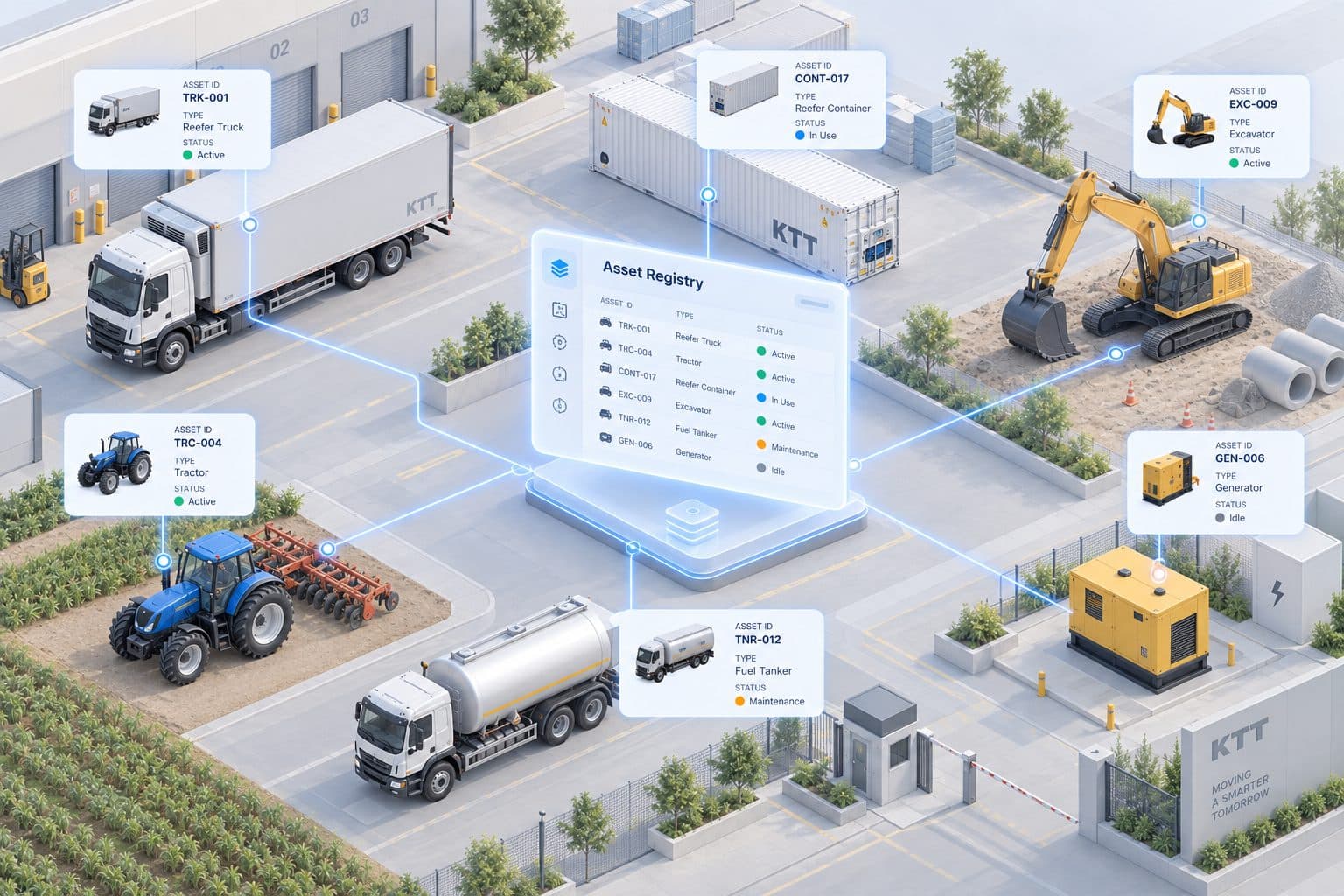 An industrial yard of trucks, tractors and machinery around a floating asset register.
