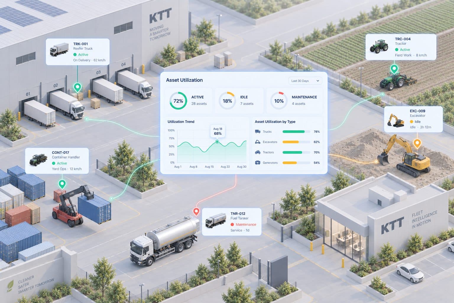 An industrial yard with a utilization dashboard above its vehicles.