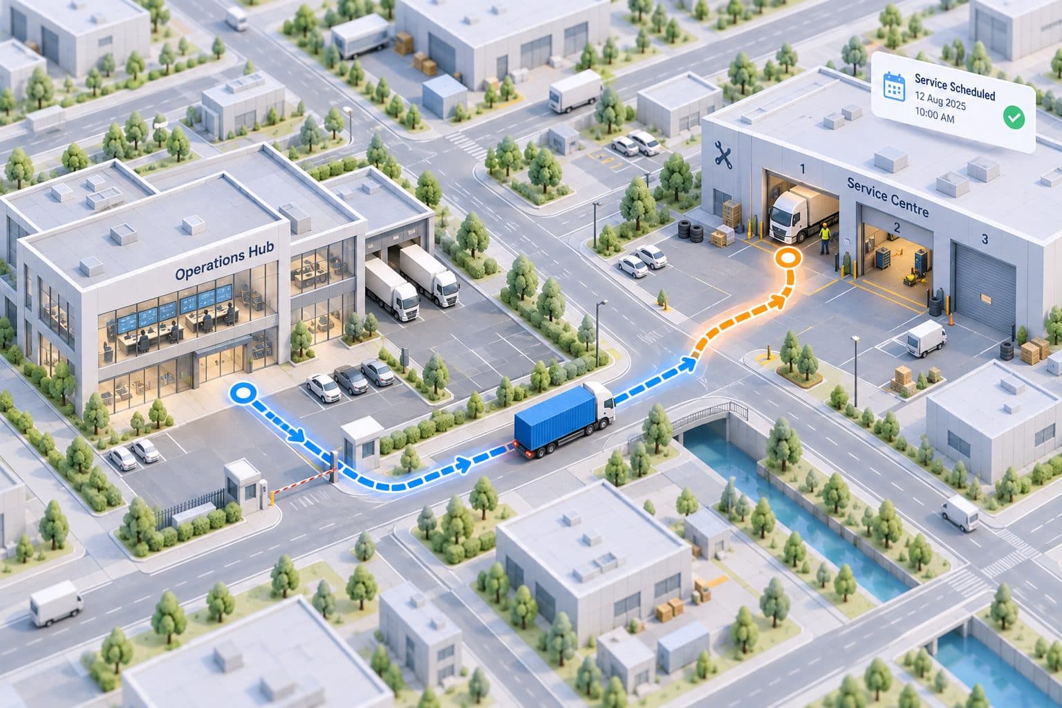 A truck's planned route from an operations hub to a service centre.