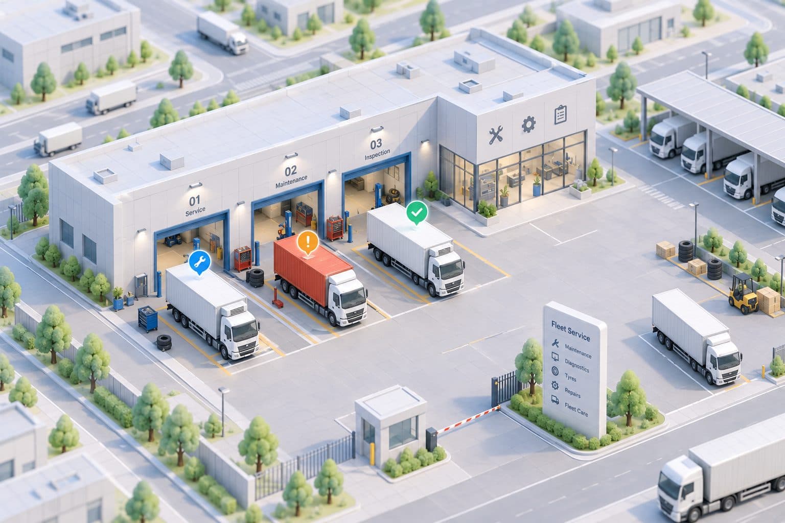 A depot with trucks lined up at loading bays, one marked as due for service.