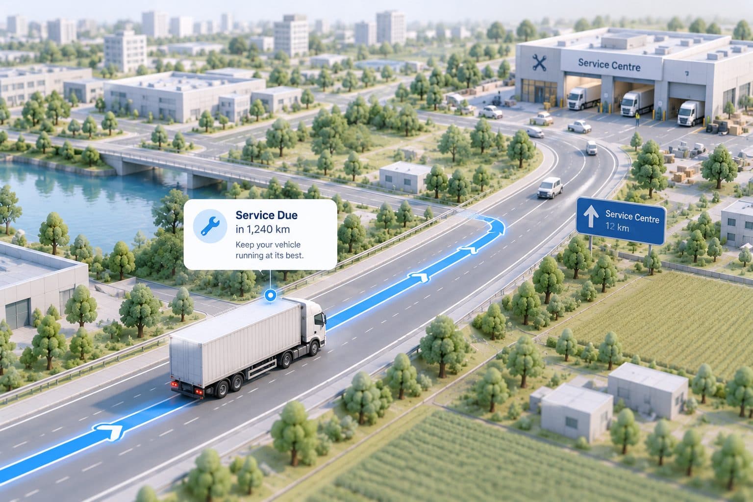 A truck on a highway with a service-due reminder above it.