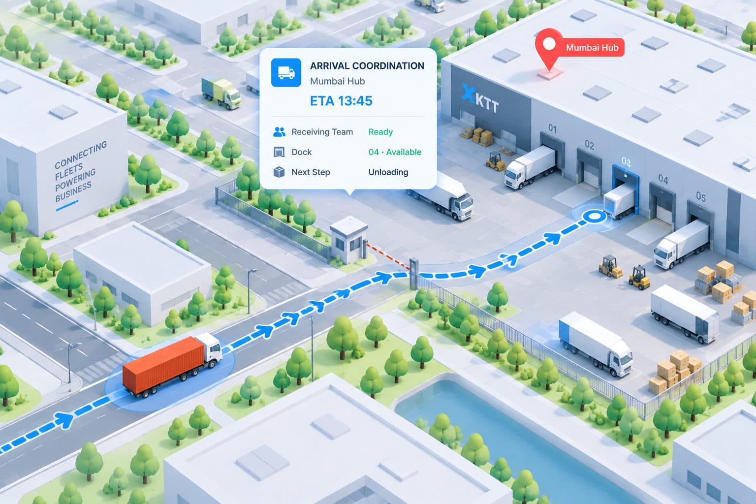 A truck approaching a Mumbai hub with its ETA, dock and unloading status.