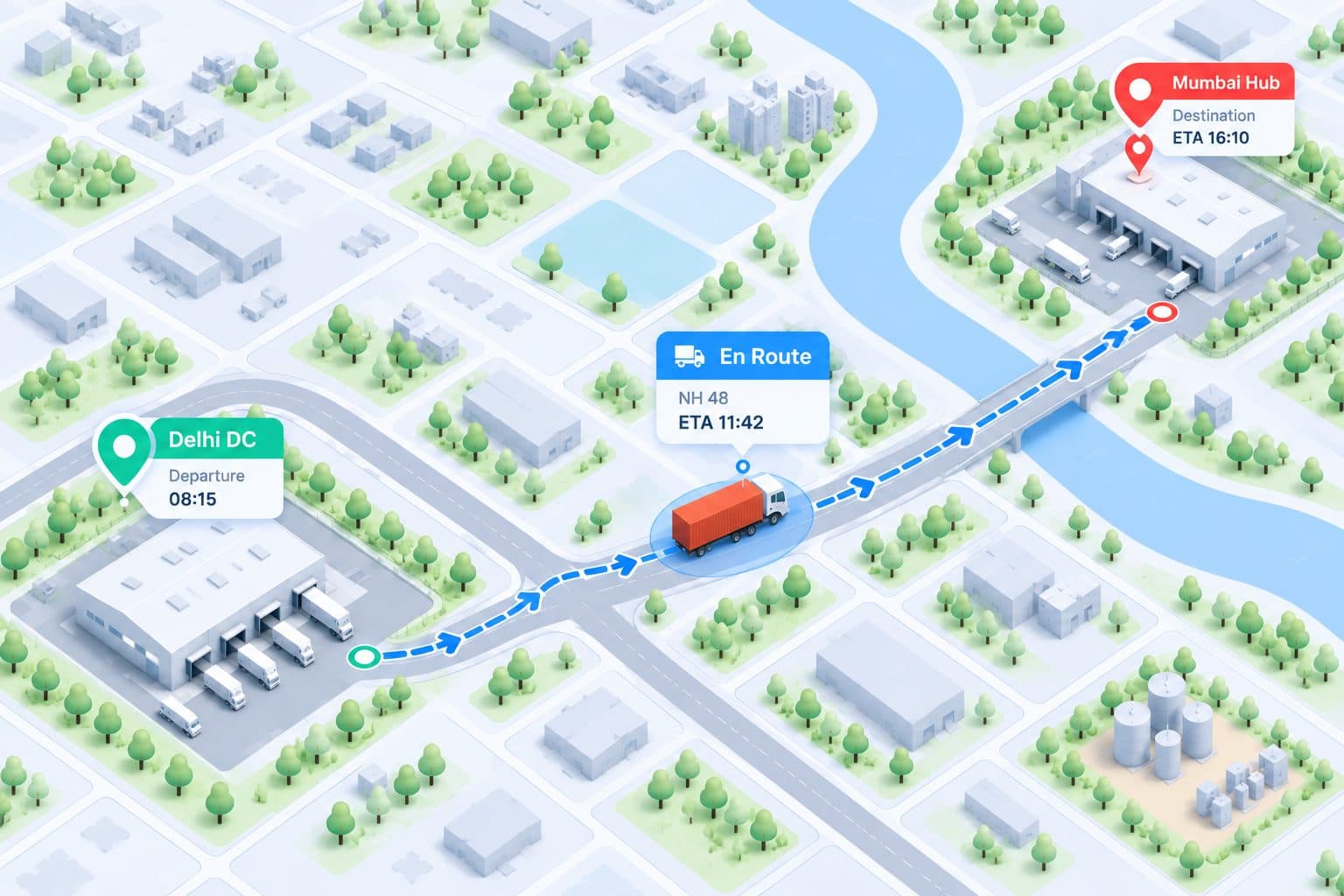 Map of a truck en route from a Delhi depot, its ETA shown above it.