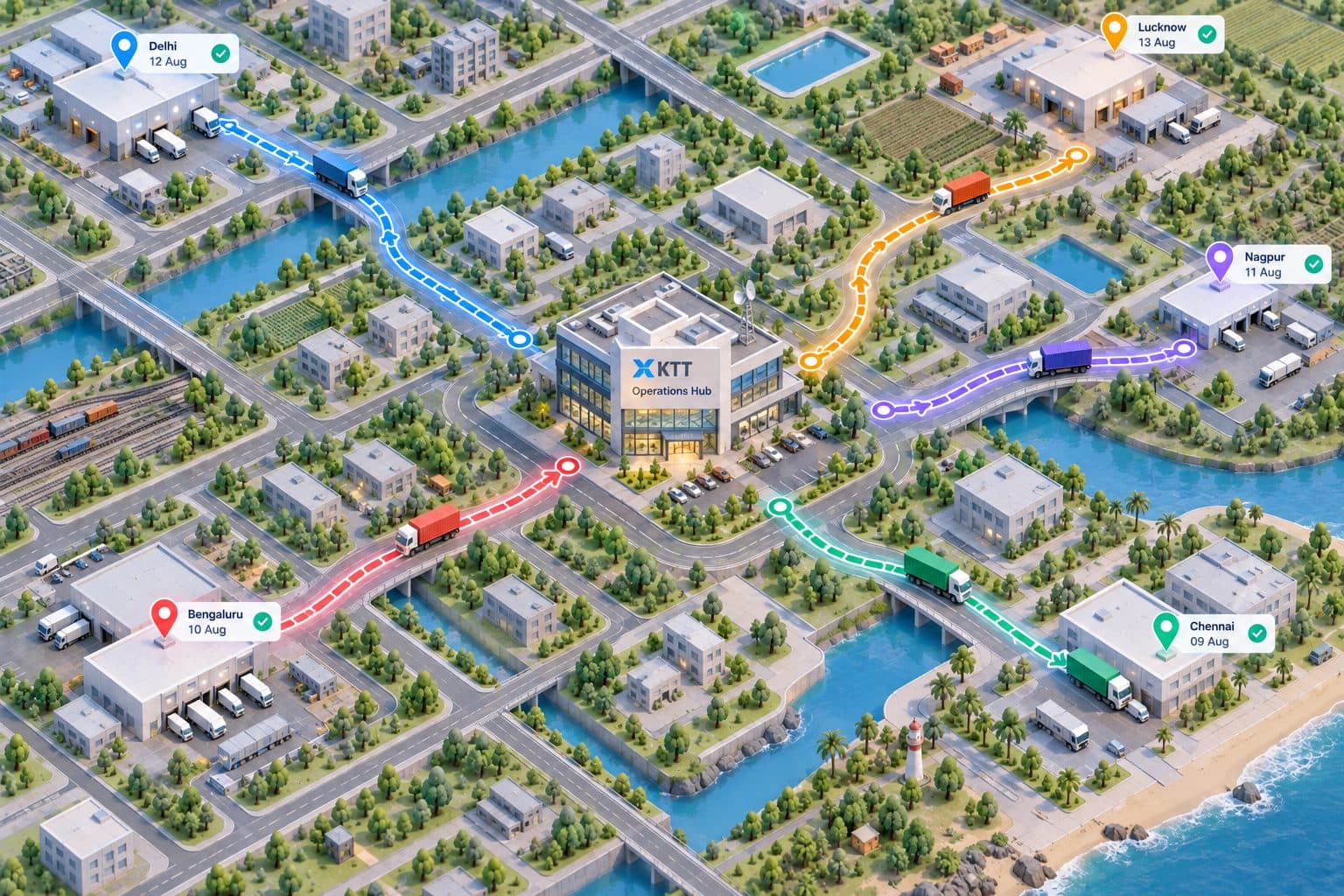 Several colour-coded trip routes converging on a central hub.