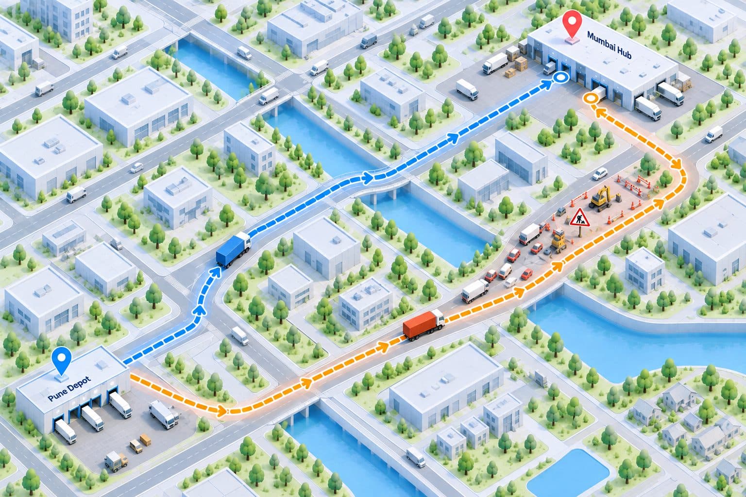 A planned route in blue beside the actual route taken in orange.