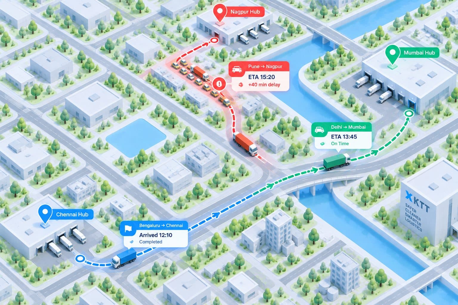 City map of a completed trip with its stops and arrival times.