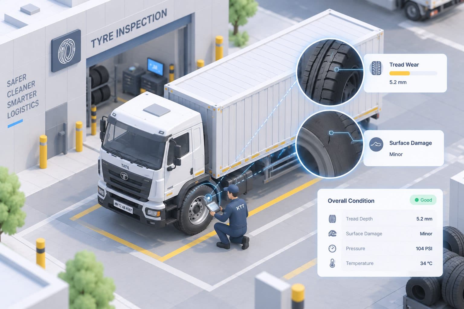 A technician inspecting a truck’s tyres at an inspection bay, with tread and condition readouts.