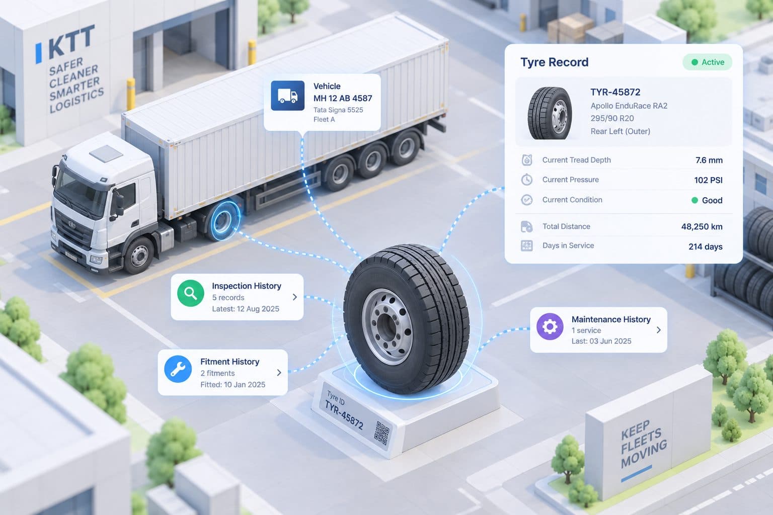 A tyre linked to its inspection, fitment and maintenance history and its truck.