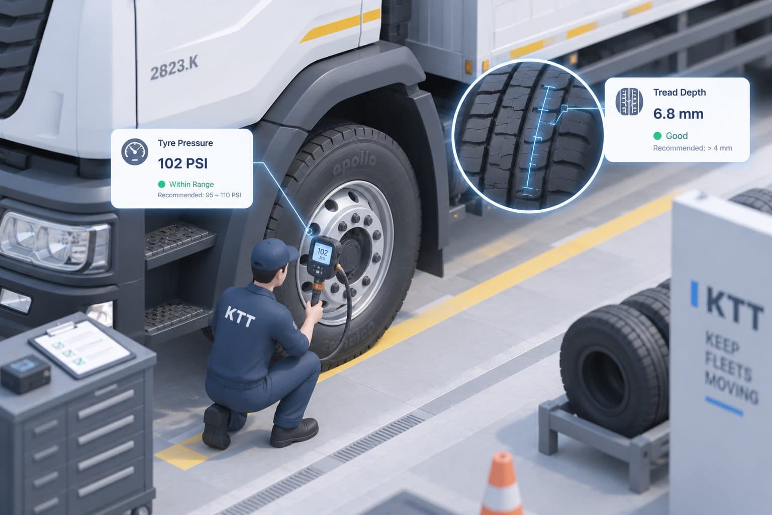 A technician checking a truck wheel, with pressure and tread depth readings.