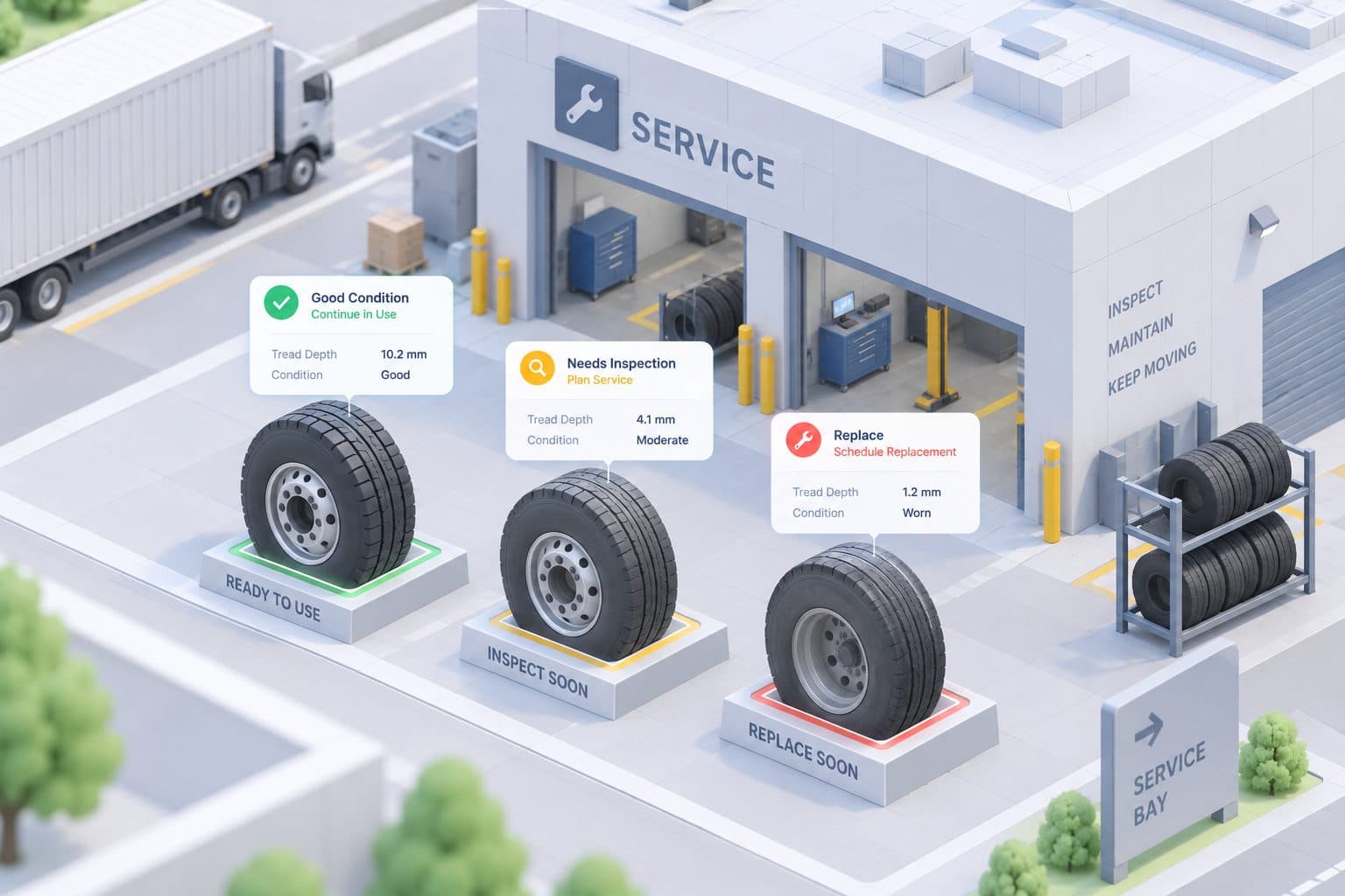 Three tyres labelled good condition, needs inspection and replace.