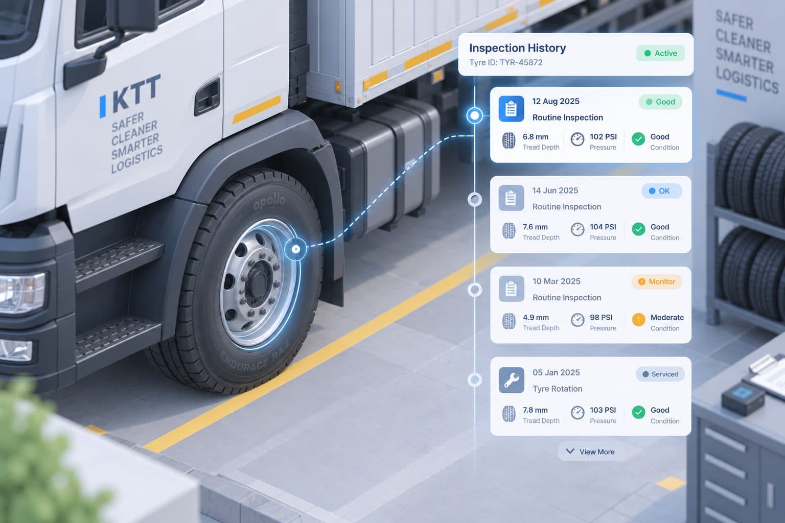 A truck wheel linked to a panel of per-tyre pressure and tread readings.