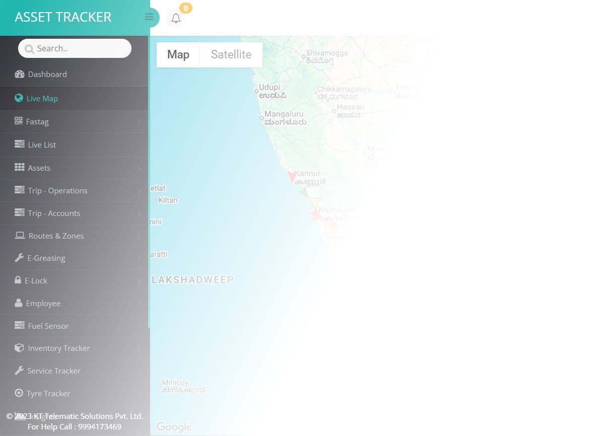 The Asset Tracker web app: its menu beside a live map of assets.