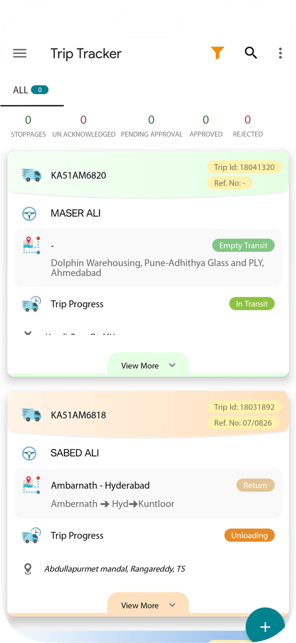 Phone showing the Trip Tracker app's list of trips in transit.